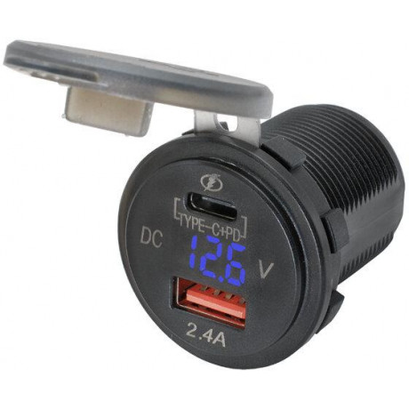 Adaptér 12V - USB 2,4A + USB C + V-metr